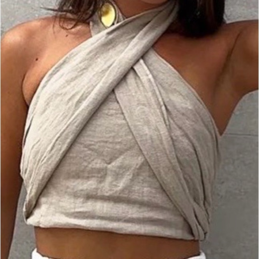Commense Beige Cross-Front Crop Top